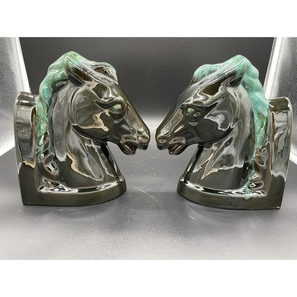Blue Mountain Pottery Horse Head Bookends Mid Century Modern Pair Set 2 Vintage - Picture 2 of 11
